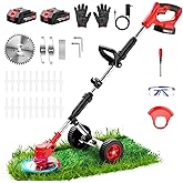 reffmov Weed Wacker with Wheels, Electric Weed Trimmer, Weed Eater 21V Battery Powered, Cordless String Trimmer Brush Cutter,