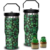 30oz St Patricks Day Tumbler with Handle and Flip Straw, Green Irish Shamrocks Stainless Steel Vacuum Insulated Cup, Travel Mug Water Bottle, Gifts for Women Men