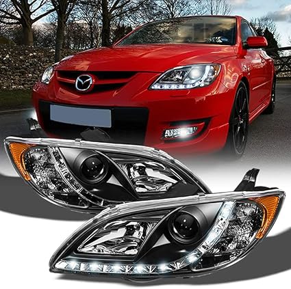 For 04-09 Mazda 3 Black Housing Amber Reflector Clear Lens Projector Headlights