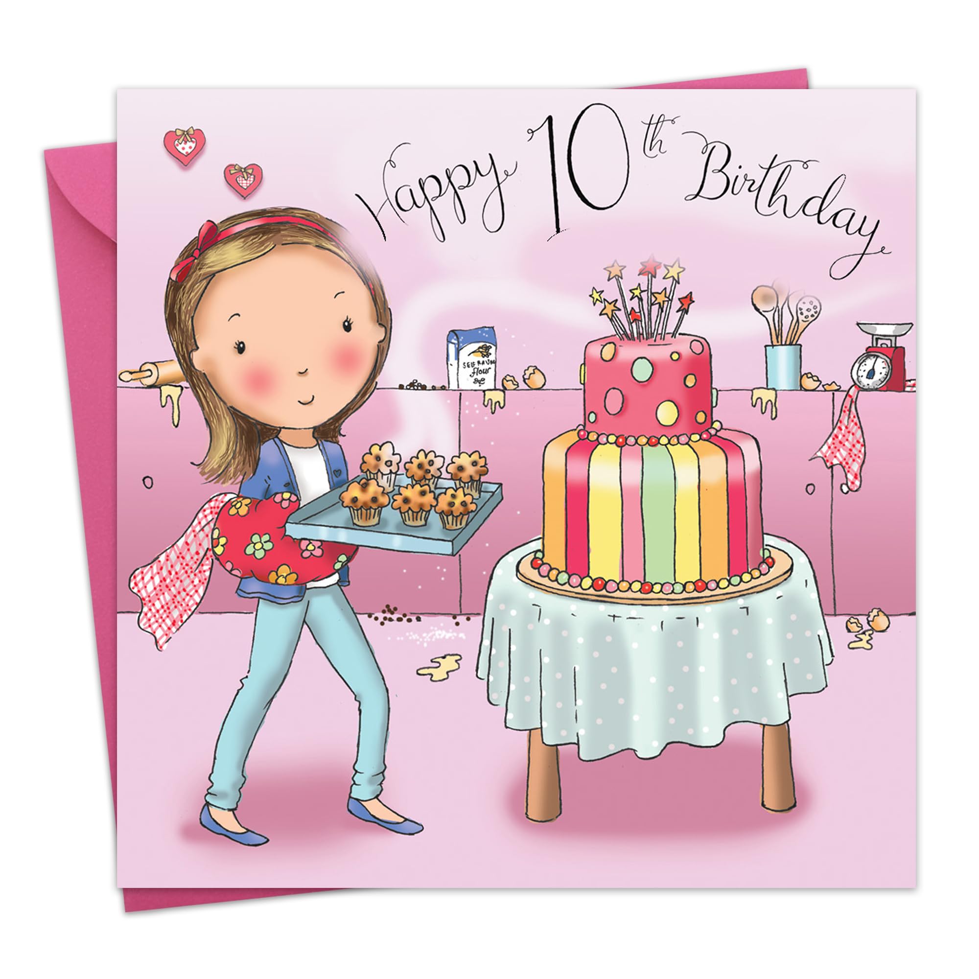 Twizler 10th Birthday Card for Girl with Cakes - Girls Age 10 Year Old Childrens Happy Birthday Card Gifts