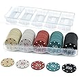 ComeWay Poker Chips with Denominations, 100 Pieces Professional Casino Chips with Storage Box, Plastic Poker Chip Set, Mini Dice Striped Poker Set for Blackjack Texas Hold Games Travel Homes Parties