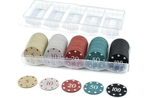 ComeWay Poker Chips with Denominations, 100 Pieces Professional Casino Chips with Storage Box, Plastic Poker Chip Set, Mini Dice Striped Poker Set for Blackjack Texas Hold Games Travel Homes Parties