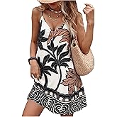 SOLY HUX Women's Summer Boho Printed Mini Dress V Neck Spaghetti Strap Flowy Vacation Cami Dresses Sundress