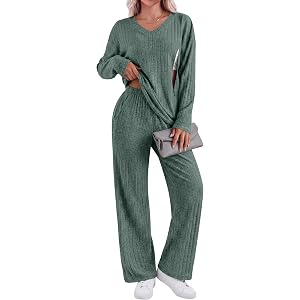 Huukeay Women's Nursing Lounge Set 2 Piece | Maternity Pjs, Hidden Zipper, Ribbed, Long Sleeve, Breastfeeding Tops, Outfit wi