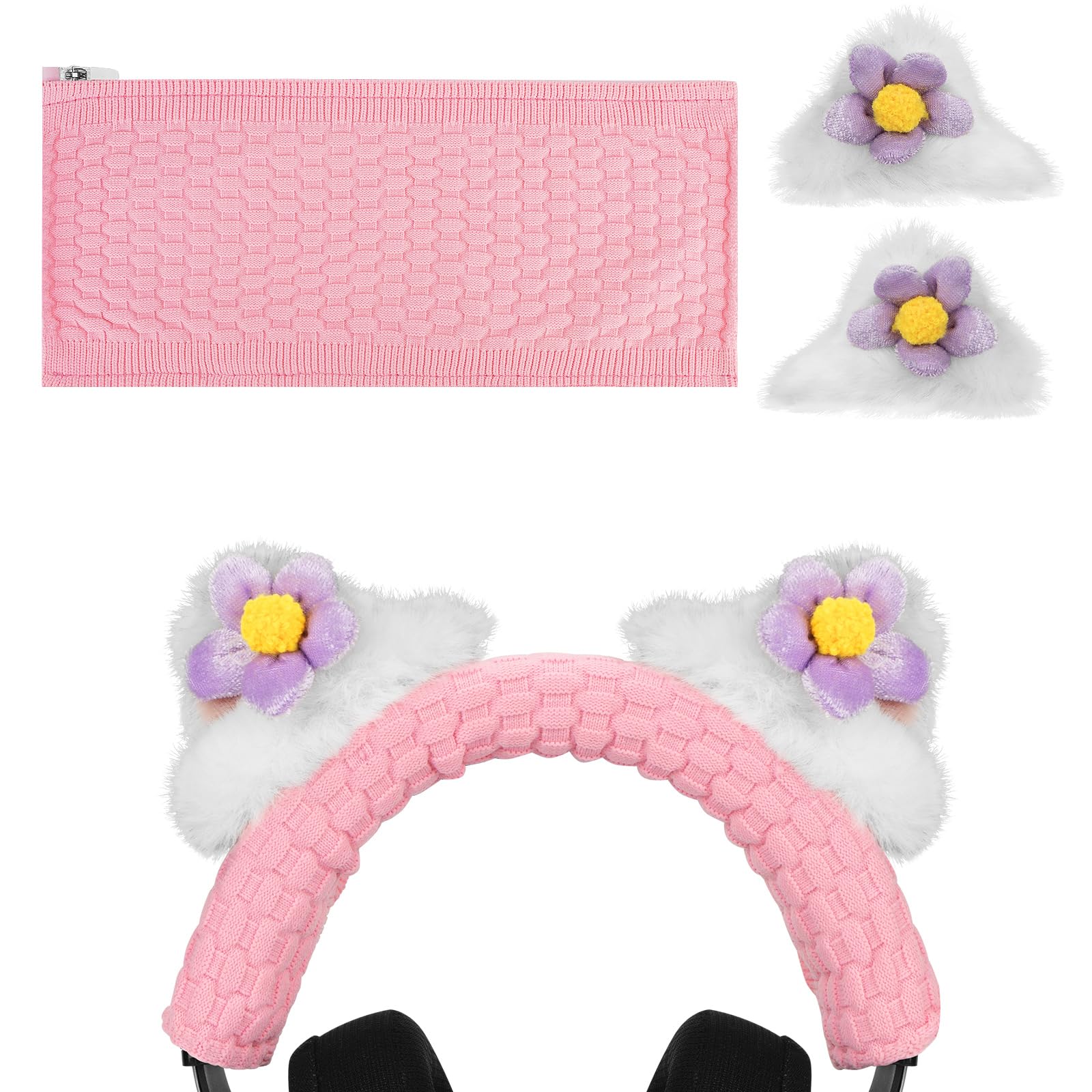 Geekria NOVA Knit Fabric Headband Cover and Cat Ears Attachment Set Compatible with Razer, SteelSeries, HyperX, Sennheiser, ASTRO, Sony, Logitech, ATH Headphones (Flower/White)