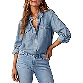 Astylish Women Button Down Denim Shirts Casual Long Sleeve V Neck Chambray Blouse Top