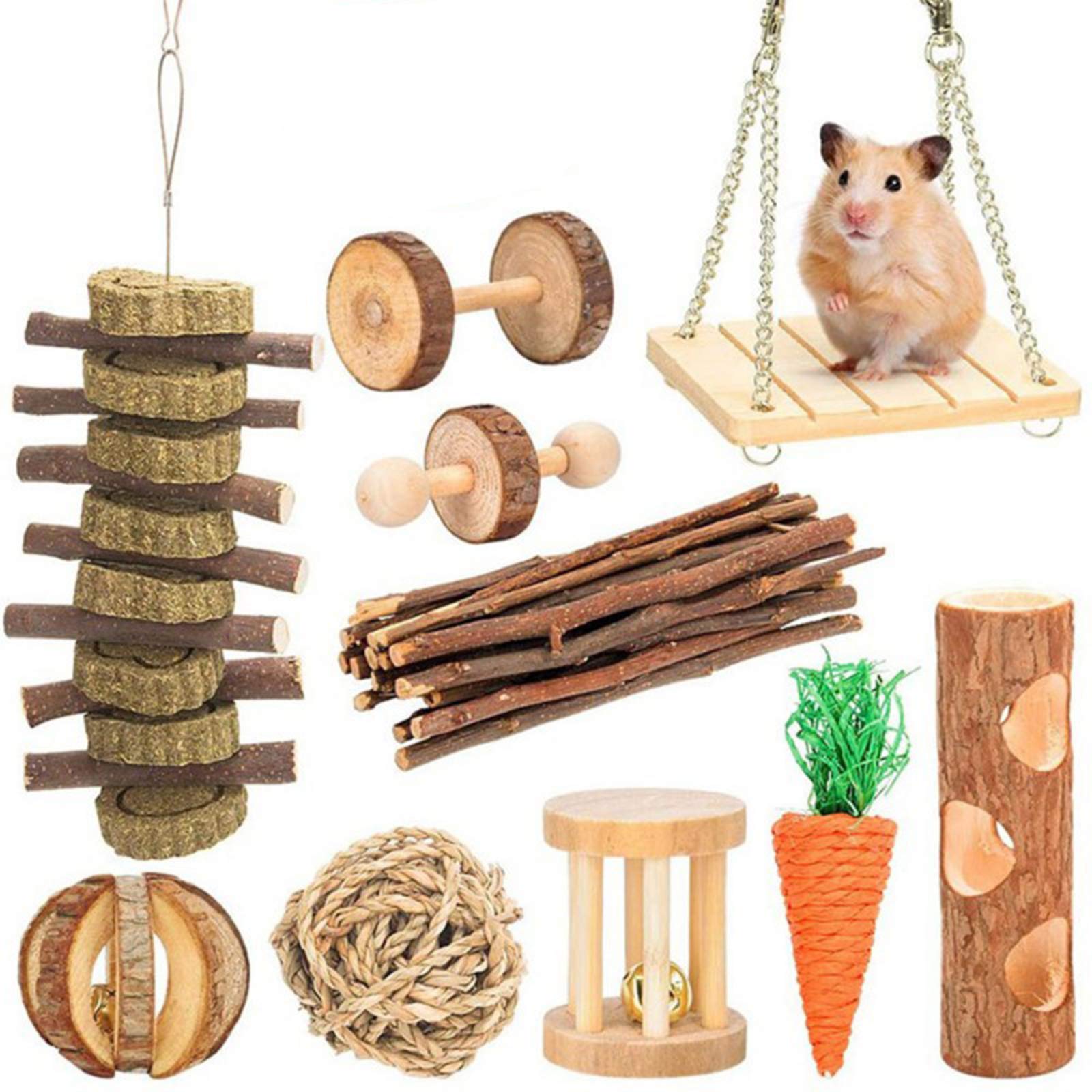 Chikanb 10-Pack Hamster Chew Toys, Natural Wooden Gerbil Rats Chinchillas Toys Accessories Dumbells Exercise Bell Roller Teeth Care Molar Toy for Birds Bunny Rabbits Gerbils Rats Rodent Chinchilla