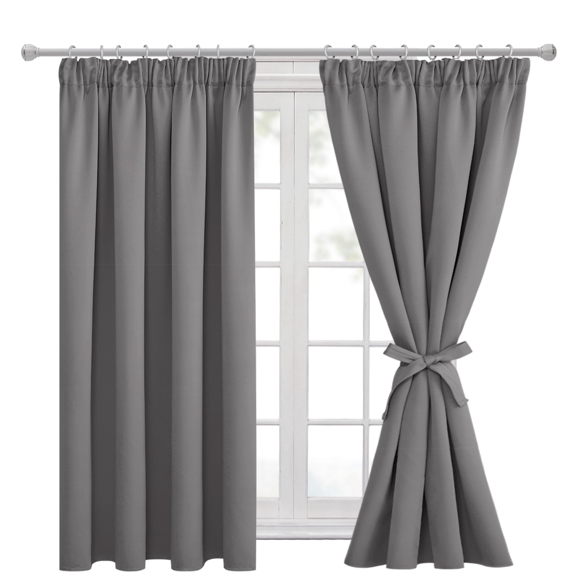 Hiasan Pencil Pleat Blackout Thermal Insulated Curtains, Bedroom and Living Room with Tiebacks, Energy Saving and Noise Reducing, 2 Panels, 66 x 54 Inch, Grey