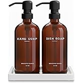 Amber Glass Hand and Dish Soap Dispenser Set by Brighter Barns - Kitchen Soap Dispenser Set with Tray for Kitchen, Airbnb, Vacation Rental or Restaurant - Modern Kitchen Decor & Accessories (Amber)