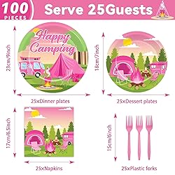 OBUSATT 100 Pcs Pink Camping Party Supplies Paper