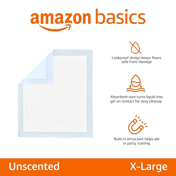 AMAZON BASICS PUPPY PADS WITH QUICK-DRY 5-LAYER LEAK-PROOF DESIGN FOR POTTY TRAINING, X-LARGE SIZE 28 X 34 INCH, PACK OF 40, BLUE & WHITE