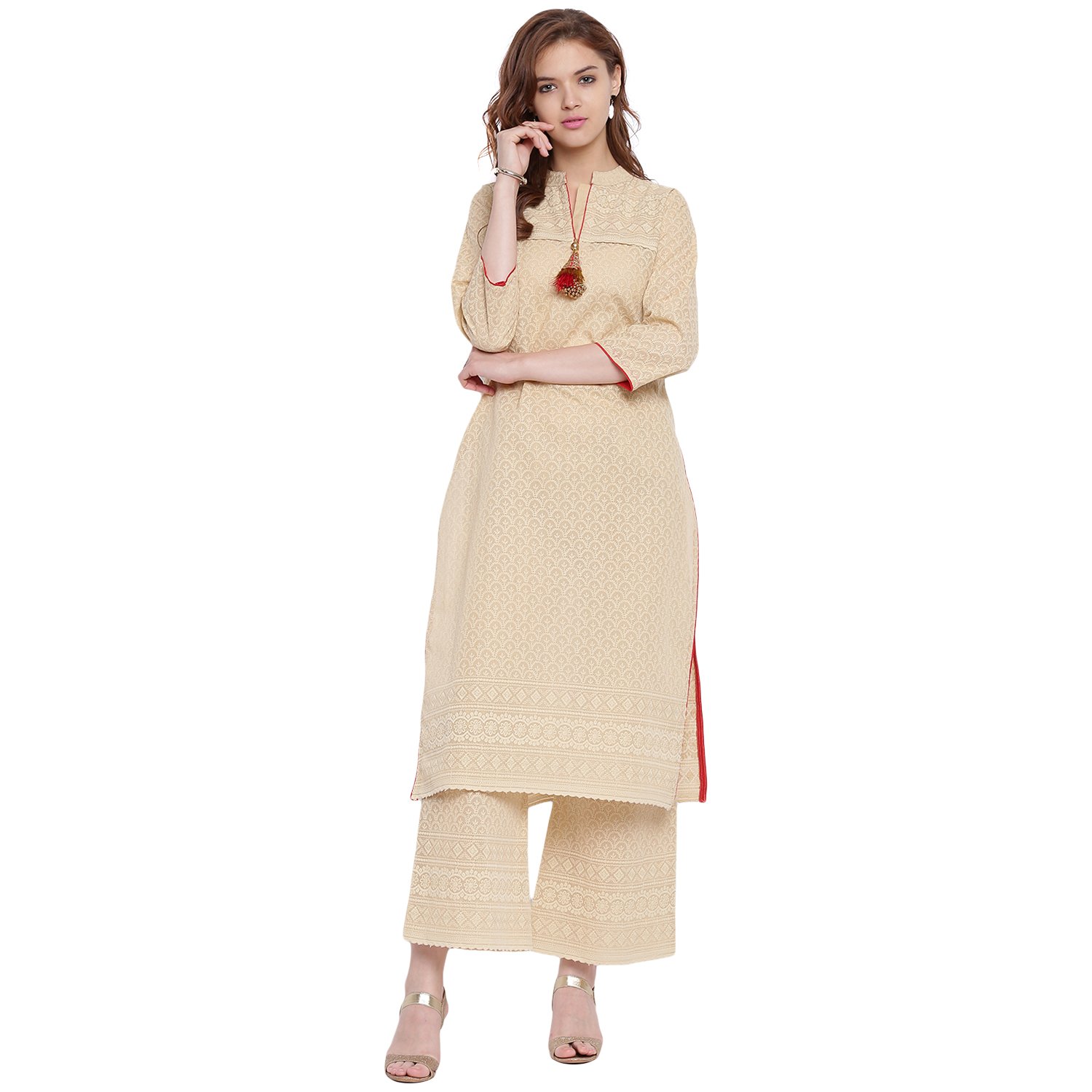 pinky pari cotton embroidered straight festive kurta with embroidered palazzo