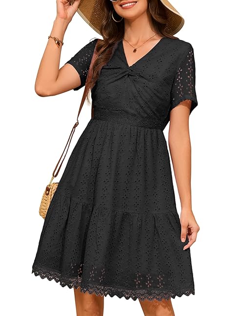DRESSTELLS Summer Dress for Women UK, V-Neck Midi Hollow Out Eyelet Lace Ladies Holiday Casual Beach Vacation Dresses Black S