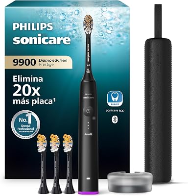 Sonicare DiamondClean 9900 Prestige cepillo dental eléctrico, con SenseIQ y app, 5 modos, 3 intensidades, estuche de viaje cargador, negro, modelo HX9992/43, Negro, 4 Cabezales