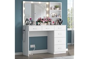 Gyfimoie 39 Inches White Vanity Desk with Lights, 6-Drawers Makeup Vanity Table with Power Strip and Storage Shelves, Dressing Table with Lighted Mirror for Women Girls