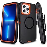 for iPhone 13 Pro Max Case with Belt Clip Holster, [Compatible with MagSafe] Heavy Duty Military Grade Drop Protection, 3-Layer Rugged Shockproof for iPhone 13 Max Case, 6.7" (Black+Orange)