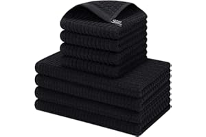 SHAWNTOO 13.5 x 13.5 Inches and 16 x 28 Inches, Set of 8Pack Kitchen Dish Towels,Cotton Dish Cloths, Absorbent and Quick Drying Anti Odor,Kitchen Cooking and Cleaning Kitchenware Washing,Drying Dishes (Black)