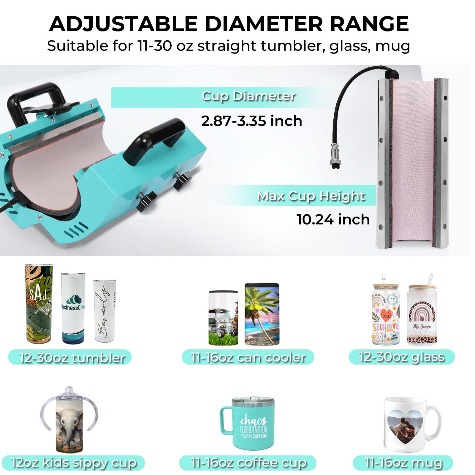 Whubefy Tumbler Press Mug Press for 11-30OZ Sub Tumbler Glass Jar Can Coffee Ceramic Mugs,Cup Heat Press with Heat Tape, Gloves Sublimation Paper,Tumbler Heat Press Machine,Blue