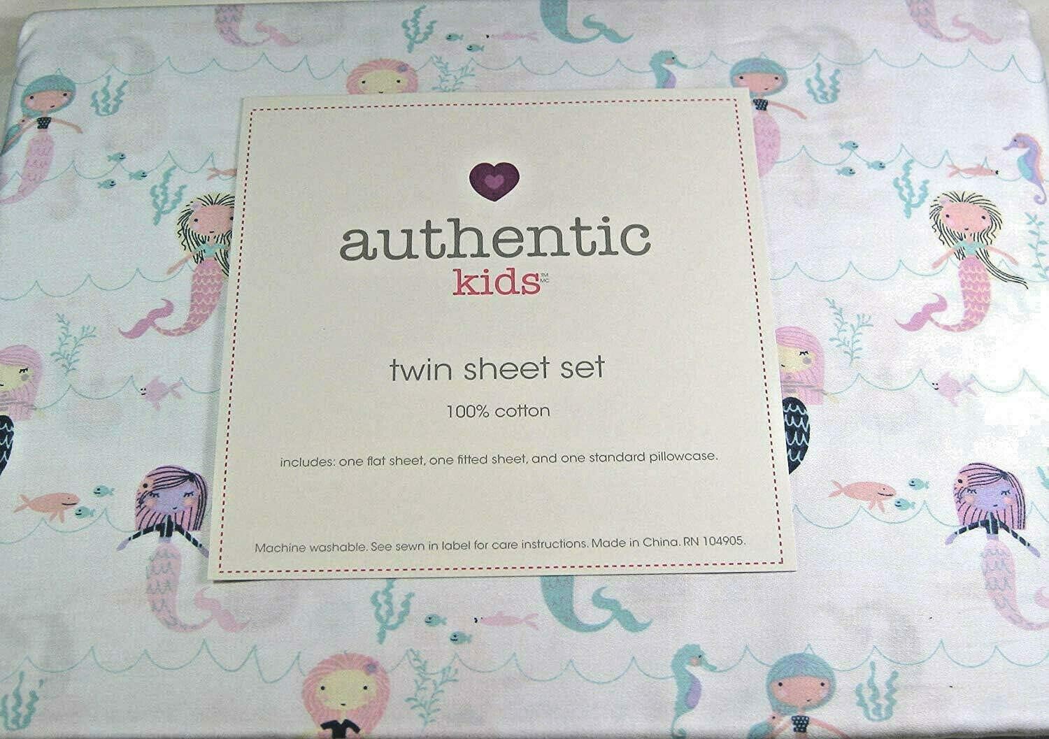 Authentic Kids 3 Pc Twin Size Sheet Set Mermaids Soft To The Touch Cotton Pink