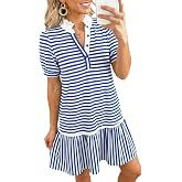Dokotoo Women's Casual Stand Collar A Line Tiered Babydoll Short Sleeve Shirt Dress with Pockets
