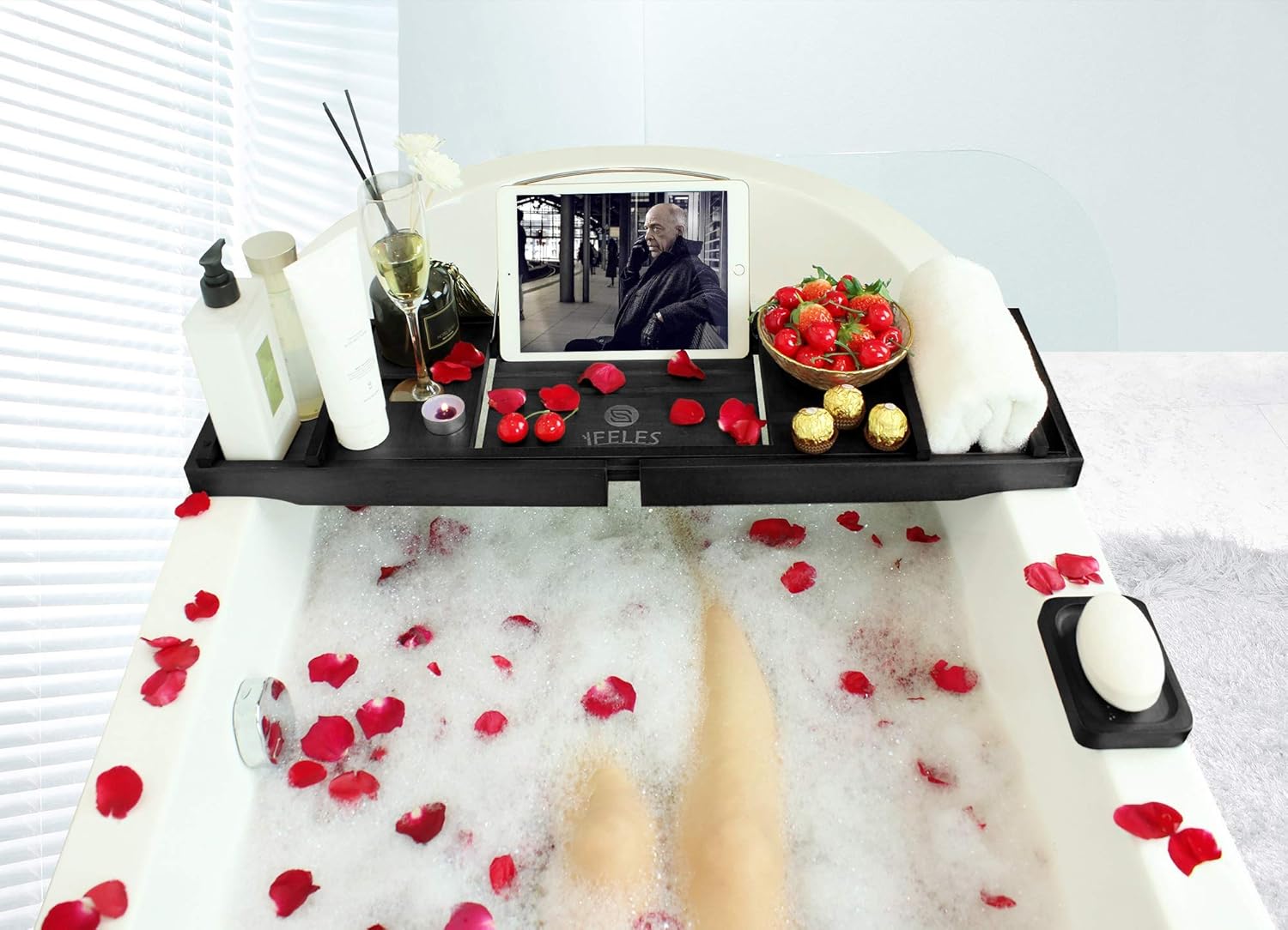 IFELES Luxury Bathtub Caddy Tray, One or Two Person Bath and Bed Tray, Bonus Free Soap Holder (Black Bamboo Color…: Kitchen & Dining