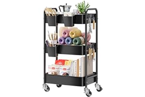AOFURE 3 Tier Rolling Cart Metal with Wheels, Black Three Tiered Art Cart Organizer on Wheels, Storage Utility Trolley Carts for Kithcen, Craft, Nail, Lash, Makeup, Salon,Bedside, Bathroom, Office, Snack