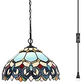 LXHCYOU Tiffany Pendant Light Plug in, 12 inches Stained Glass Hanging Lamp, 39 Inch Chain, 15 Feet Cord Living Room Bedroom 