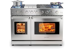 AAOBOSI 48 Inch Freestanding Gas Range Ovens with 7.0 cu.ft Large Capacity Double Convection Ovens, 6 Sealed Burners Plus Iron Grill Burner, Stainless Steel Gas Range Stove with NG/LPG Convertible