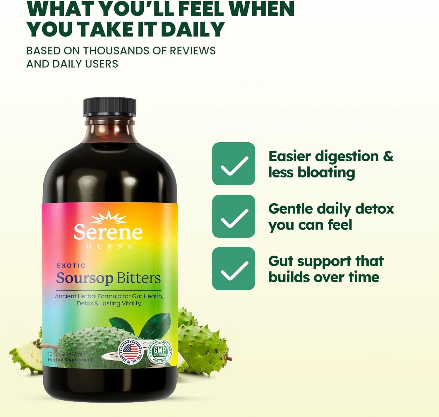 Serene Herbs - Soursop Bitters Liquid - Organic Herbal Guanabana Detox with Black Seed, Moringa & Ginger - Supports Digestive Wellness & Immune Function - 16 fl oz​