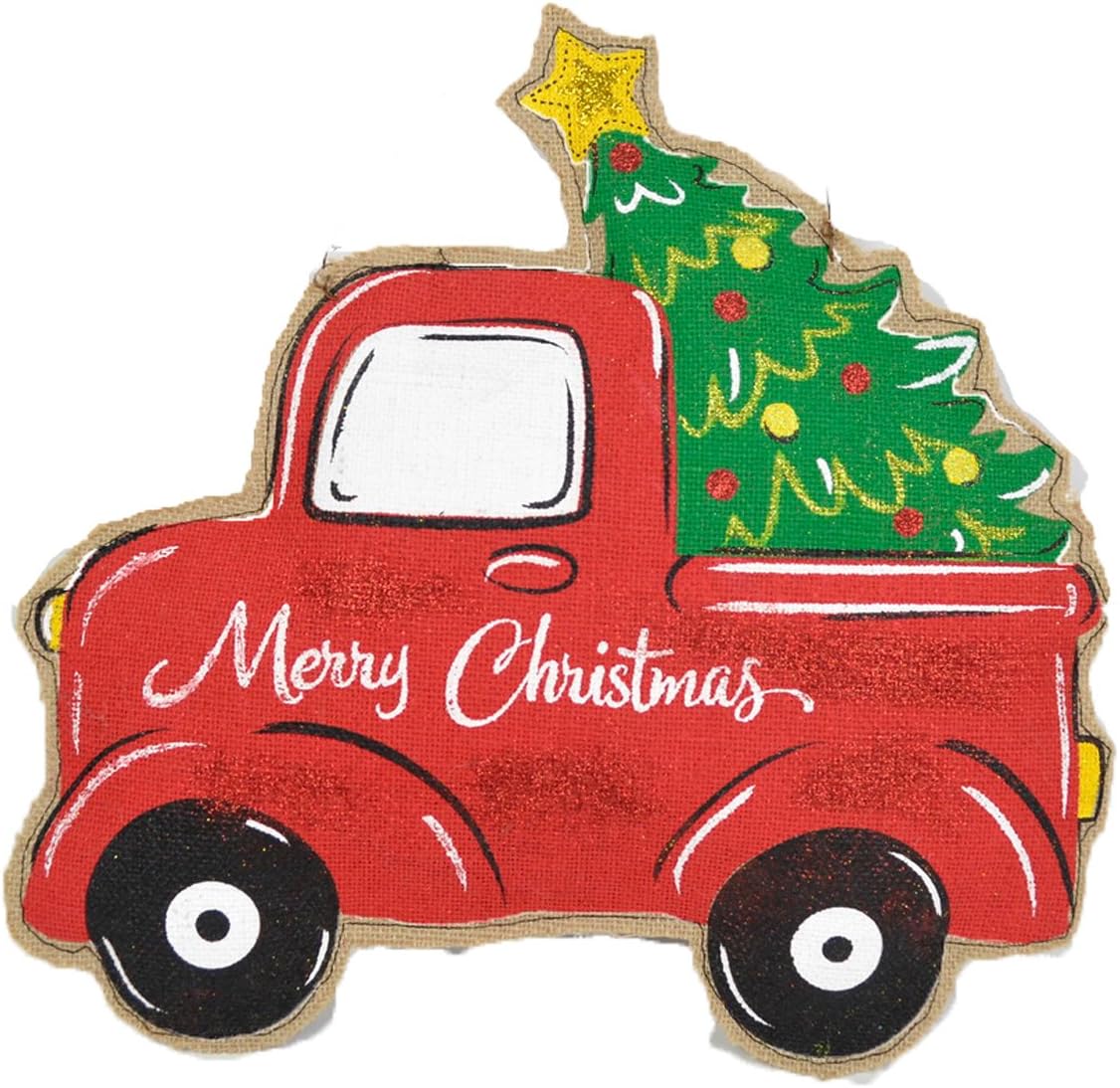 Wreath Hangers - Vintage Truck Hauling Christmas Tree Door Hanger Holiday Door Decorations - Or Holiday Season Wall Hanging - Large 18 x 11 Size - On Burlap