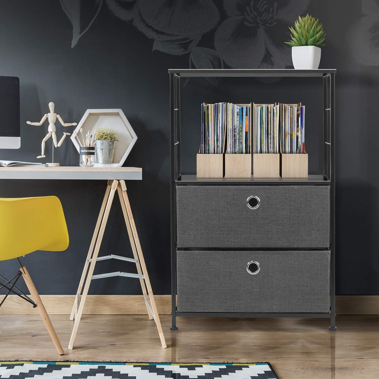 Sorbus Nightstand 2-Drawer Shelf Storage - Bedside Furniture & Accent End Table Chest for Home, Bedroom, Office, College Dorm, Steel Frame, Wood Top, Easy Pull Fabric Bins (Black/Charcoal): Kitchen & Dining