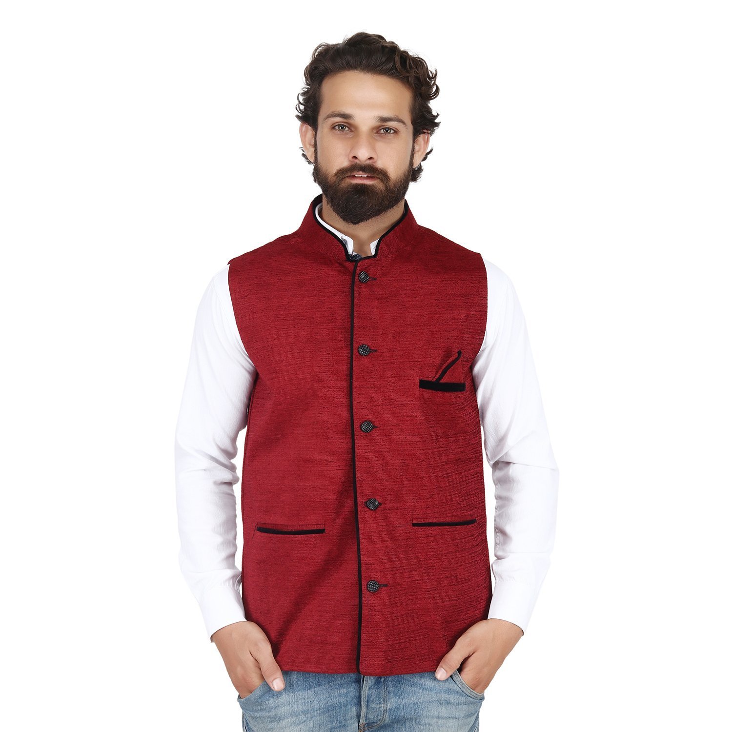 akaas_men's cotton blend nehru and modi maroon jacket ethnic style for party wear