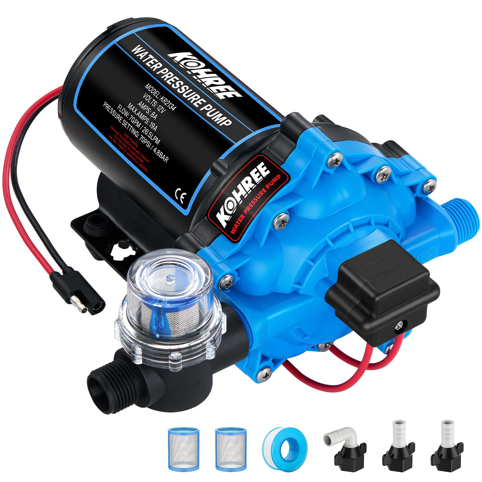 Photo 1 of 2025 Upgraded Kohree RV Fresh Water Pump 7GPM 70PSI, 12V DC Water Pump, Self-Priming, Five Chamber Diaphragm Pump with Heavy Duty Pressure Switch and Strainer for RV, Marine, Yacht, Caravan