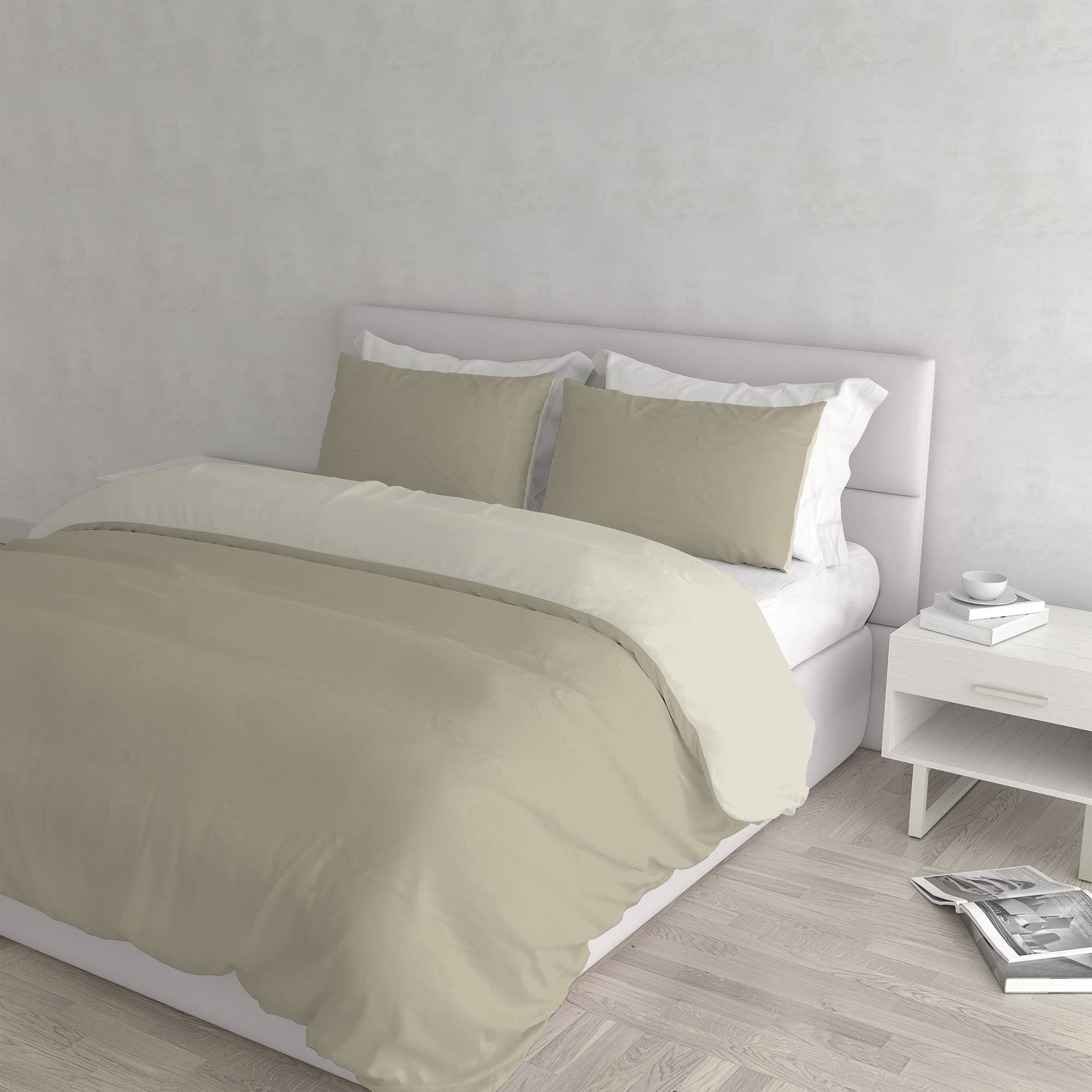 Italian Bed Linen Duvet Cover Set, Cotton, Taupe/Cream, Double