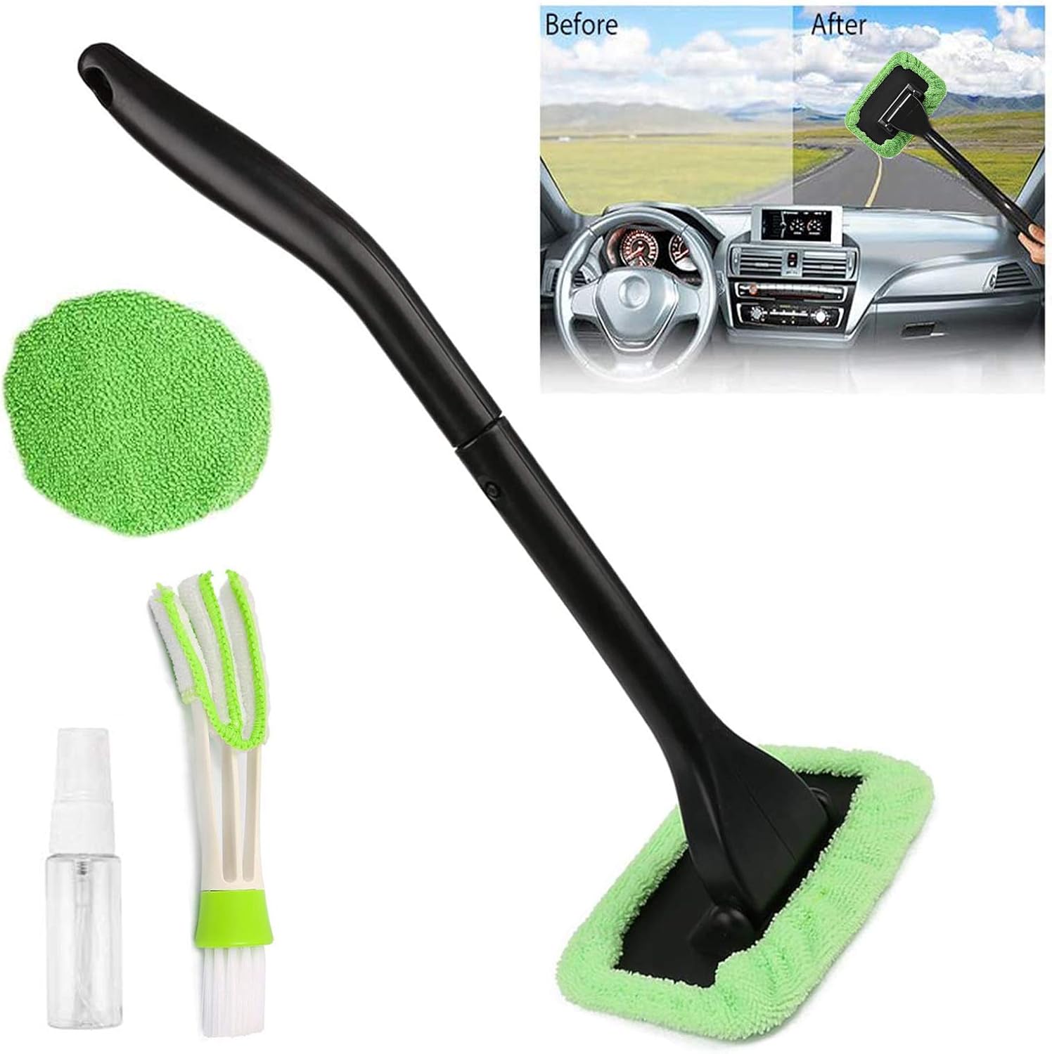 KICOFIT Car Window Cleaner for Men Women Car Windshield Cleaning Tool Set with Detachable Handle Pivoting Head Microfiber Cloths and Spray Bottle: Automotive