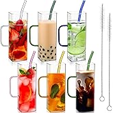 Gejoy 6 Pcs Square Glass Cups with Straws Thin Cute Cocktail Glasses Glassware Portable Ice Coffee Cups with Handle and Straw Brushes for Party Favor Housewarming Gifts(Colorful Handle, 16 oz)