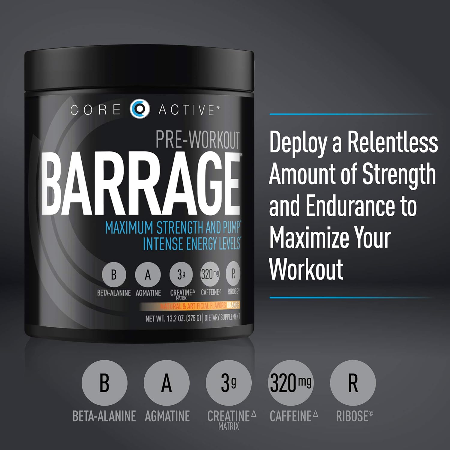 Core Active Barrage Pre Workout - Pre-Workout for Men and Women with Creatine, Beta-Alanine, Agmatine Sulfate, and Caffeine - Pump Up Your Workout with Intense Energy and Focus - Orange (30 Servings): Health & Personal Care
