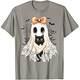 Retro Lace Ghost Coquette Black Cat Spooky Halloween Women T-Shirt