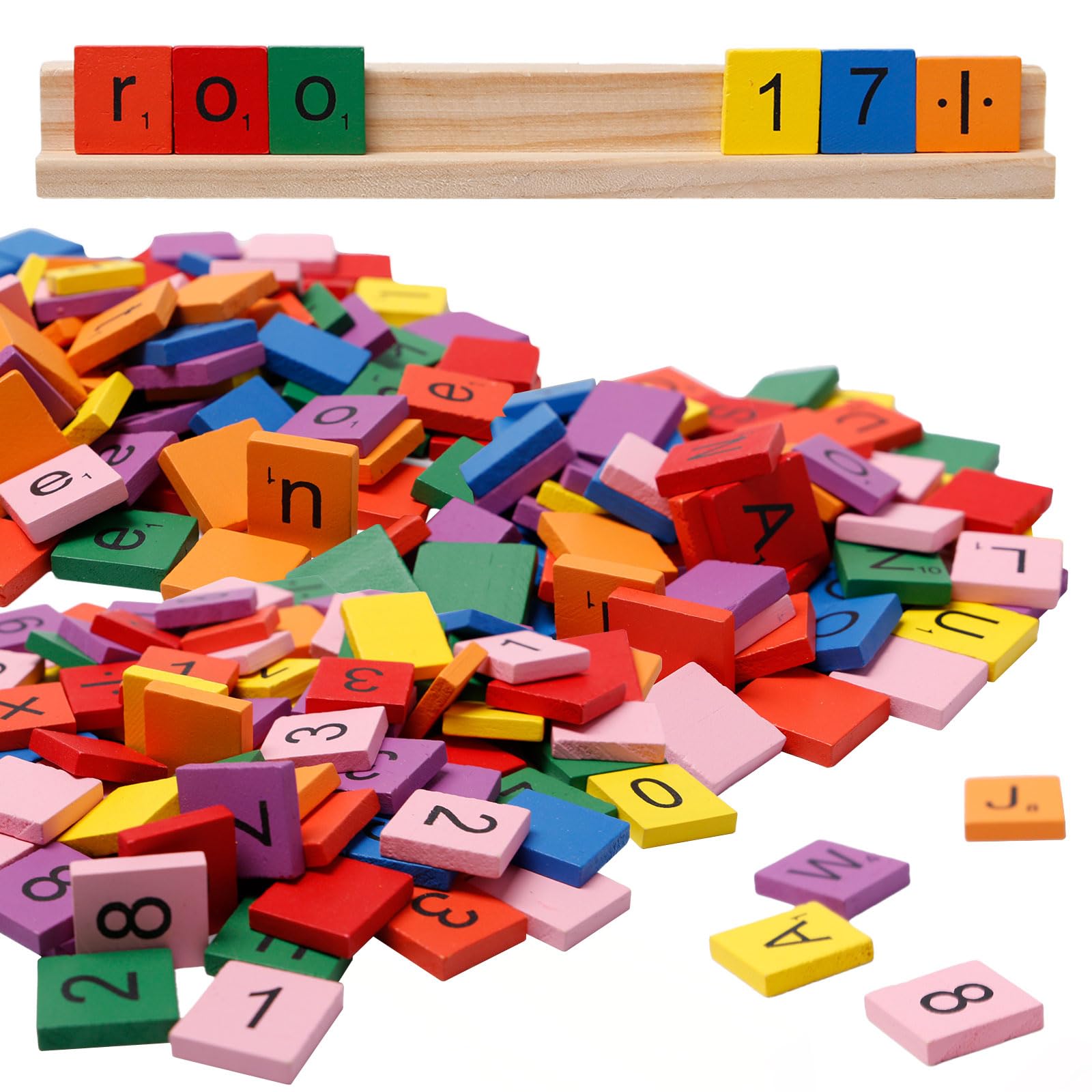 Bofanze 301 PCS Wood Scrabble Tiles,Coloured Letters & Numbers,Wood Colorful Scrabble Puzzle Alphabets A to Z mit Replacement Letter Tiles Holder for Children's Education and Room Decoration 20×18×4mm