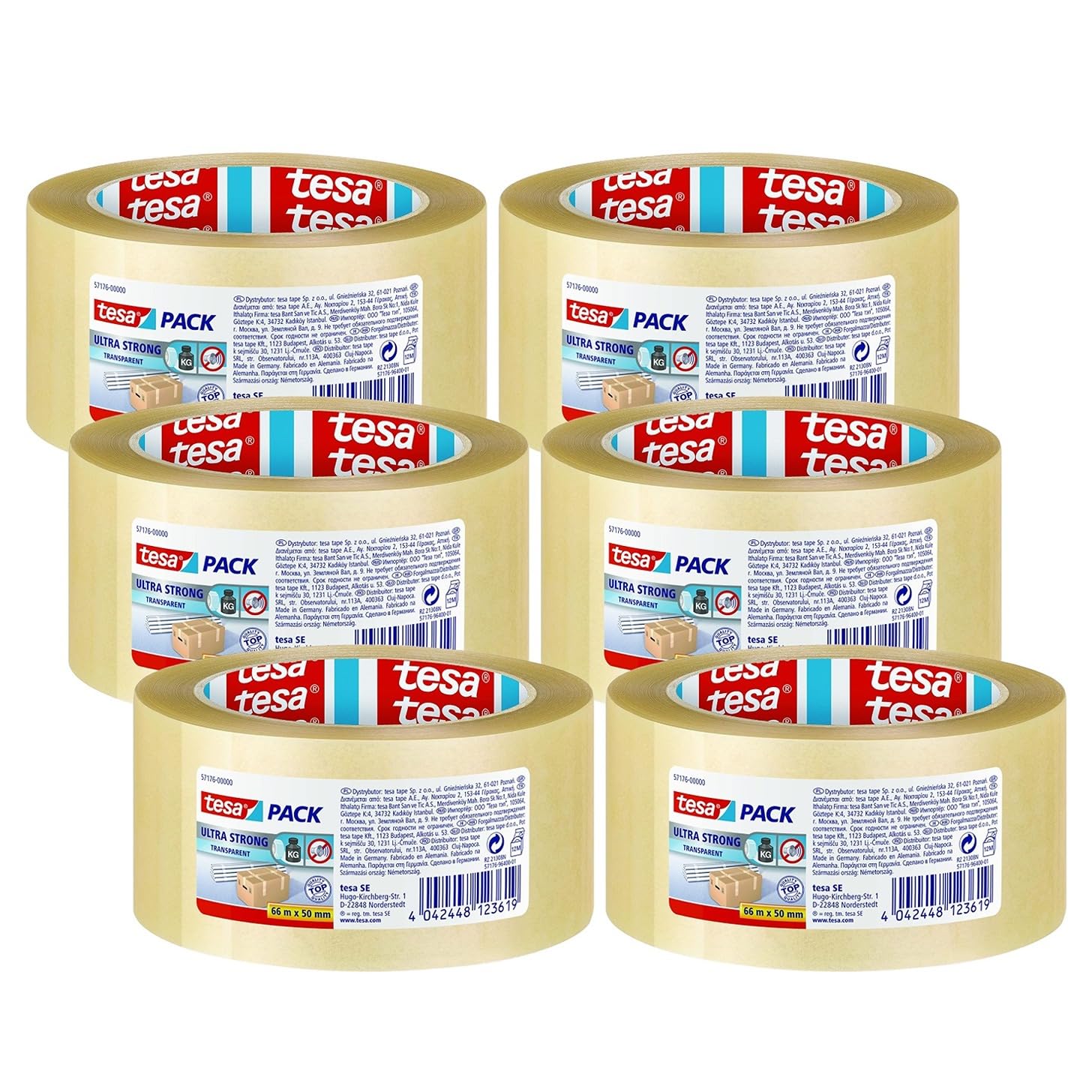 tesapack Ultra Strong - PVC Packing Tape for Firm Packaging and Secure Packing - Transparent - 66 m x 50 mm, Pack of 6