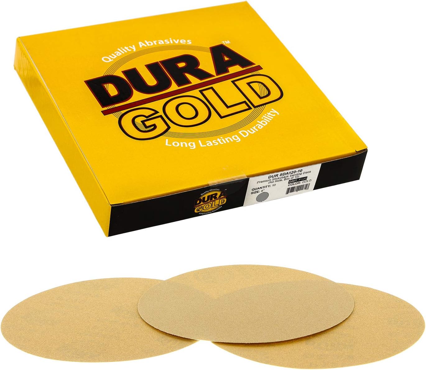 Dura-Gold - Premium - 40 Grit 8" Gold PSA Self Adhesive Stickyback Sanding Discs for DA Sanders - Box of 10 Sandpaper Finishing Discs for Automotive and Woodworking - - 
