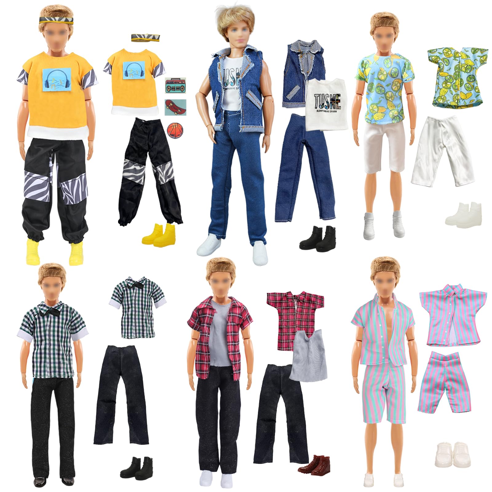 20 Doll Clothes and Accessories Set 1 Blue Denim Suit 1 Yellow Jointed Sweatshirt 2 Checked Short Sleeves 2 Trousers 2 Short Sleeves 2 Shorts 6 Shoes for 11.5 Inch Dolls