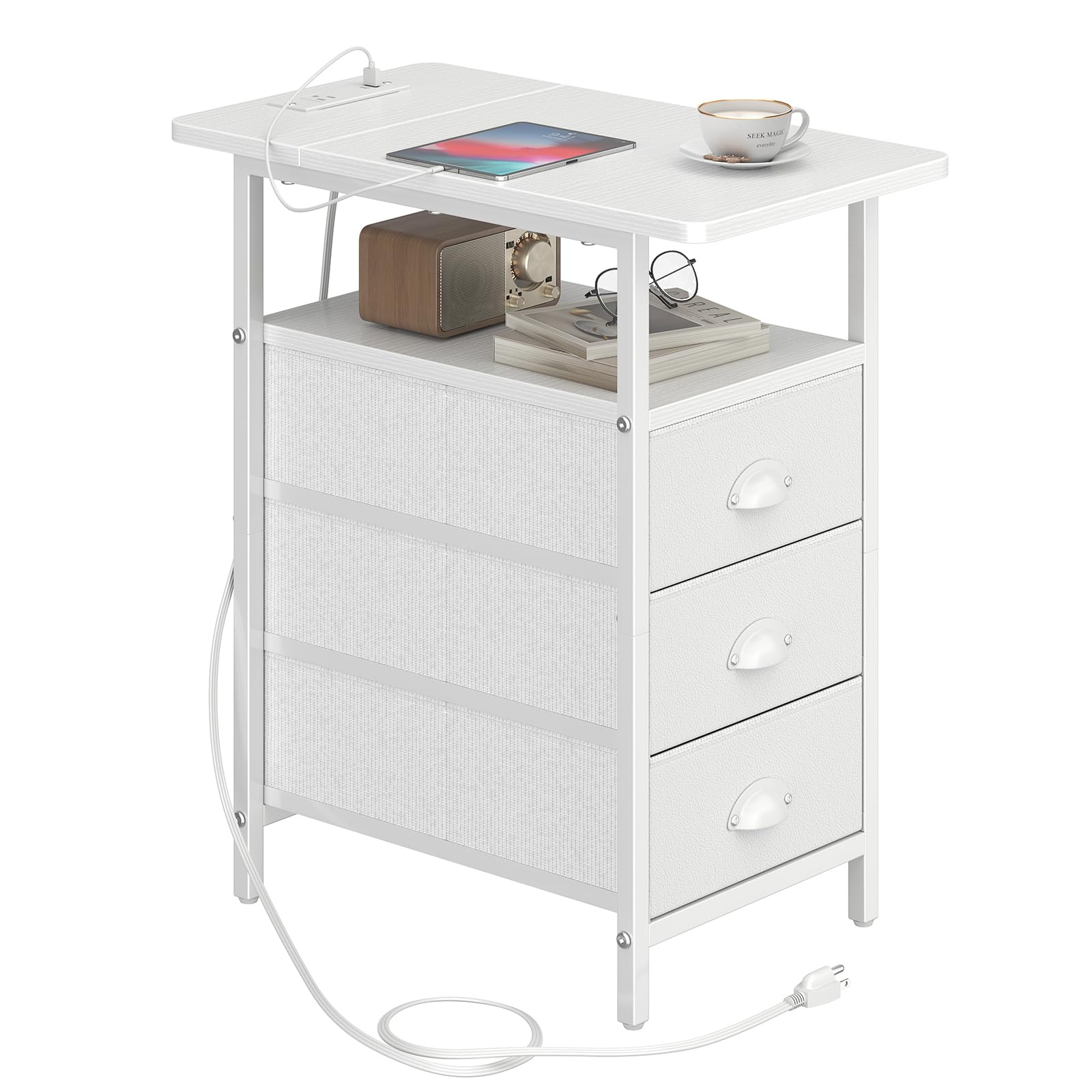 Photo 1 of sthmec End Table with Charging Station, Side Tables Livingroom with USB Ports and Outlets,Narrow Nightstands Bedside Tables with 3 Drawers PU Finish for Small Space,Slim Sofa Table Bedroom,White