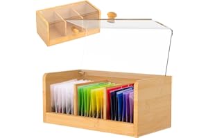 Bamboo Tea Bag Organizer 3 Compartments with Acrylic Transparent Lid, Tea Box for Tea Bags, Tea Bag Holder for Herbal Teas Su