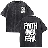 Lytiarul Christian Shirts for Men Faith Over Fear Shirt Jesus Religious Tshirt Oversized Graphic Tees Acid Wash God T-Shirt