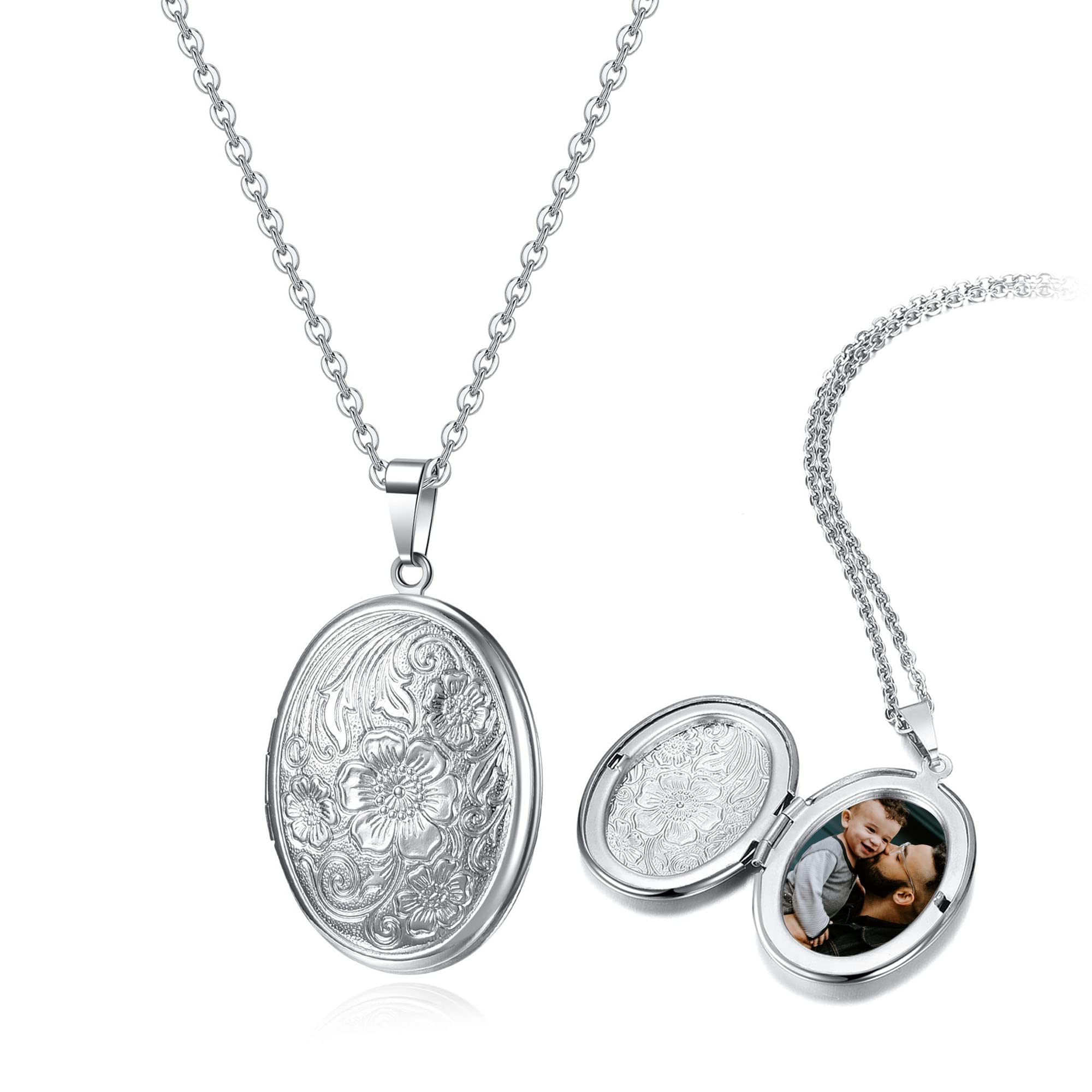 Sunligoo Women's Necklace Photo Locket Photo Pictures Amulet Stainless Steel Pendant Necklace Silver Greeting Card Gift for Memorial