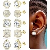 LOYALLOOK Cubic Zirconia Stud Earrings for Women Men Simulated Diamond CZ Halo Stud Earrings Round Square Iced Out Earrings 18K Gold Plated Hypoallergenic 925 Sterling Silver Post Earrings Set