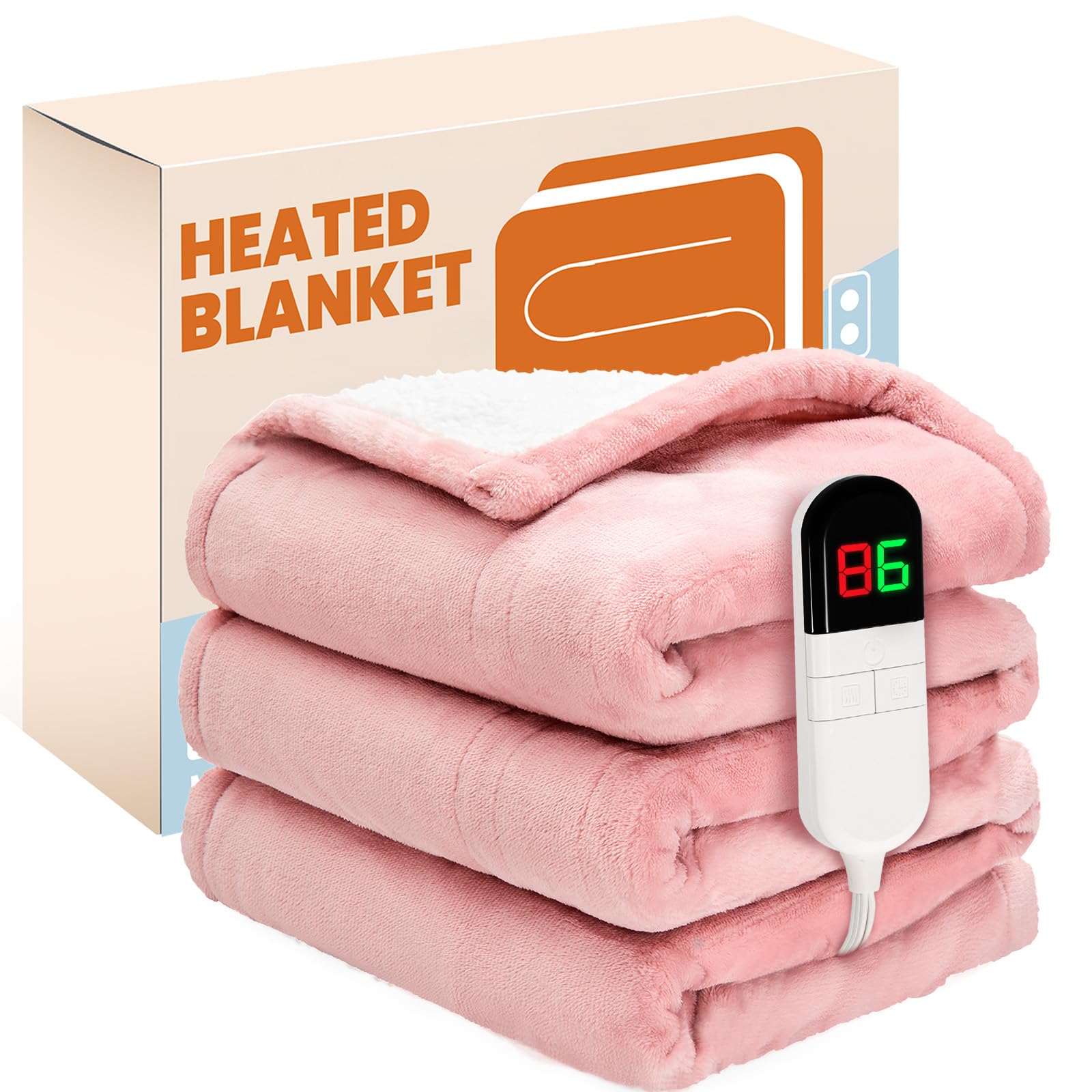 Photo 1 of PTQ Electric Heated Blanket,Flannel & Sherpa Heated Throw Blanket 50"x60",Fast Heating Soft Fleece Blanket with 8 Heating Levels & 8H Auto Off-Pink