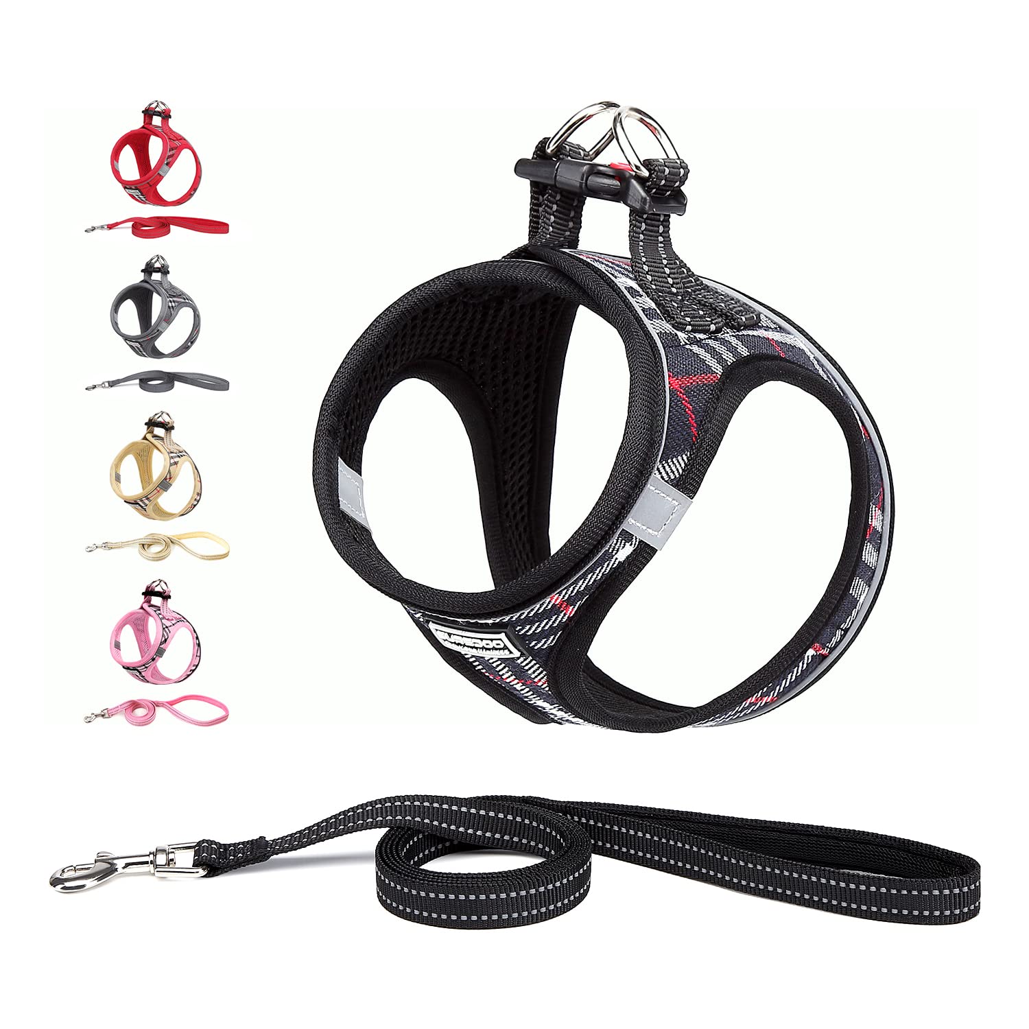 Suredoo Dog Harness and Lead Set, Step-in Breathable Reflective Puppy Cat Dog Vest Harnesses for Small Dogs (XXS, Black Plaid, Chest: 22-24cm)