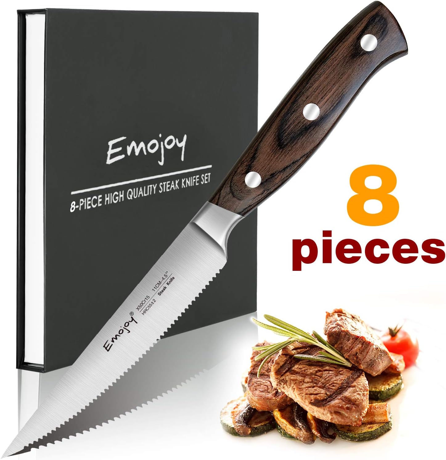 Steak Knife Set, Steak Knives with Wooden Handle, Emojoy Steak Knife Set, Steak Knives Set of 8, Serrated Steak Knife with Gift Box: Kitchen & Dining